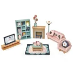 Drewniane meble do domku dla lalek salon sofa fotel stolik kominek regał telewizor dywan dla dziecka. Tender Leaf Toys Drewniane meble do domku dla lalek salon