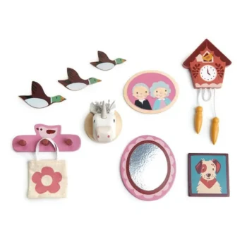 Drewniane dekoracje ścienne do domku dla lalek ptaki zwierzęta lustro obrazki dla dzieci. Tender Leaf Toys Drewniane akcesoria do domku dla lalek dekoracje ścienne
