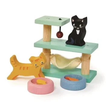Drewniane figurki kotków z drapakiem i miskami do zabawy dla dzieci. Tender Leaf Toys Drewniane figurki do zabawy kotki