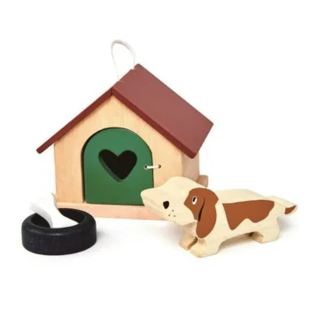 Drewniana figurka psa z budą i miską do zabawy dla dzieci. Tender Leaf Toys Drewniane figurki do zabawy pieski