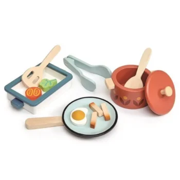 Drewniany zestaw naczyń do gotowania z patelnią garnkiem pokrywką szczypcami i drewnianymi warzywami dla dziecka. Tender Leaf Toys Zestaw drewnianych naczyń