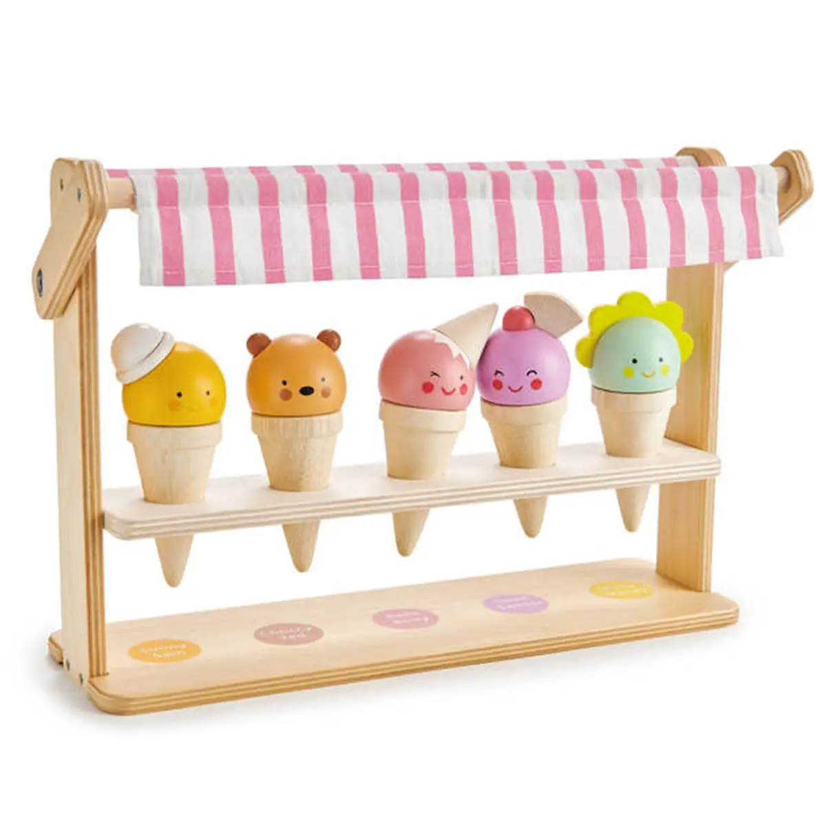 Drewniana mini lodziarnia z pięcioma kolorowymi lodami w rożkach dla dzieci. Tender Leaf Toys Mini lodziarnia z lodami w rożkach