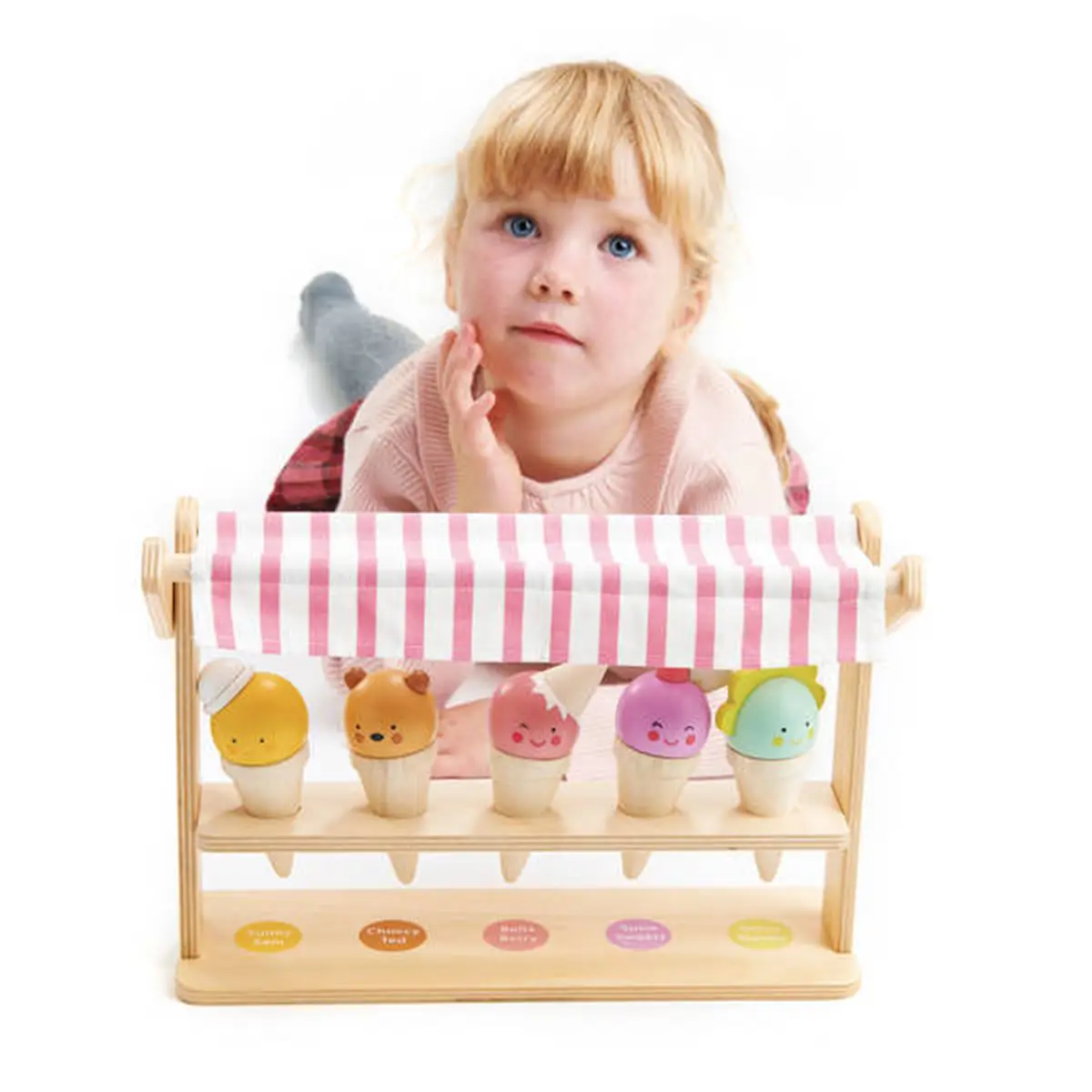 Drewniana mini lodziarnia z pięcioma kolorowymi lodami w rożkach dla dzieci. Tender Leaf Toys Mini lodziarnia z lodami w rożkach