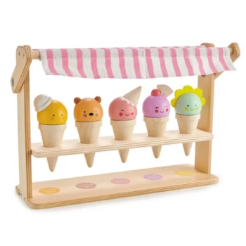 Drewniana mini lodziarnia z pięcioma kolorowymi lodami w rożkach dla dzieci. Tender Leaf Toys Mini lodziarnia z lodami w rożkach
