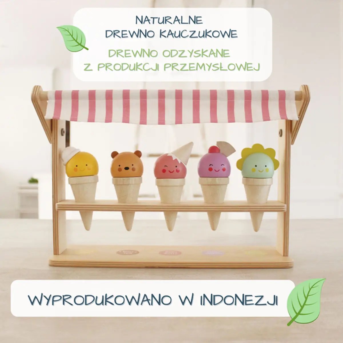 Drewniana mini lodziarnia z pięcioma kolorowymi lodami w rożkach zabawka dla dzieci. Tender Leaf Toys Mini lodziarnia z lodami w rożkach