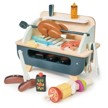 Drewniany grill z akcesoriami do gotowania dla dzieci z elementami mięsa i warzyw. Tender Leaf Toys Grill drewniany barbeque od