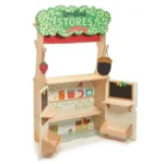 Drewniany dwustronny sklepik i teatrzyk dla dzieci z półkami i tablicą do zabawy. Tender Leaf Toys Dwustronny drewniany sklepik i teatrzyk