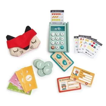 Drewniany terminal płatniczy z przyciskami i ekranem plus drewniane pieniądze karty i opaska na oczy w kształcie lisa do zabawy w sklepik. Tender Leaf Toys Drewniany terminal płatniczy z akcesoriami