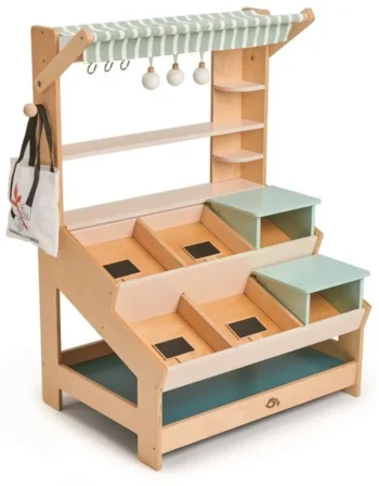 Drewniany duży stragan do zabawy z półkami i zielonymi pojemnikami dla dzieci. Tender Leaf Toys Duży sklep stragan do zabawy