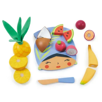 Drewniana deska do krojenia z owocami tropikalnymi ananas banan arbuz kokos dla dziecka. Tender Leaf Toys Drewniana deska z owocami tropikalnymi do krojenia