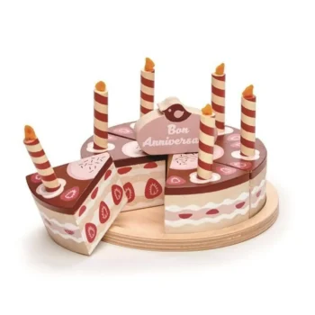 Drewniany tort urodzinowy czekoladowy z plasterkami i świeczkami dla dzieci. Tender Leaf Toys Czekoladowy drewniany tort urodzinowy
