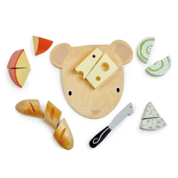 Drewniana deska w kształcie misia z kawałkami sera, bagietką, nożem i plasterkami ogórka do zabawy dla dzieci. Tender Leaf Toys Drewniana deska z serami do krojenia