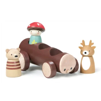 Drewniana leśna taksówka z postacią grzybka oraz figurkami misia i jelenia dla dzieci. Tender Leaf Toys Drewniana leśna taksówka