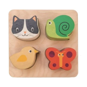 Drewniana sensoryczna zabawka sorter z kształtami zwierząt kot ślimak ptak motyl dla dziecka. Tender Leaf Toys Drewniana zabawka sensoryczna Zwierzęta kształty i faktury