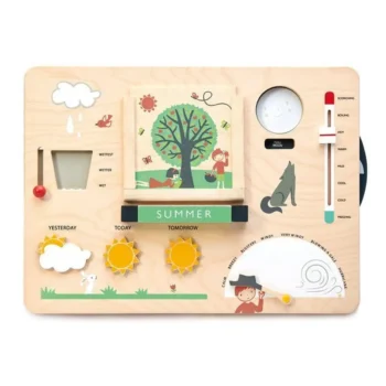 Drewniana stacja pogodowa z pokrętłami i wskaźnikami do nauki pogody dla dzieci. Tender Leaf Toys Drewniana stacja pogodowa