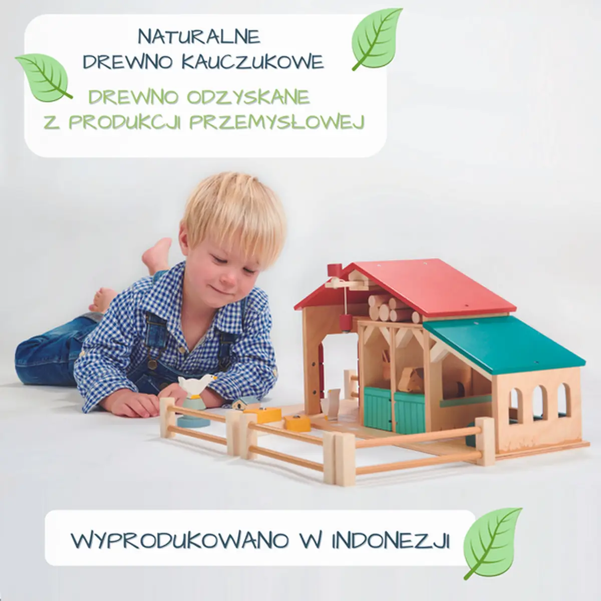 Drewniana farma z figurkami zwierząt i ogrodzeniem dla dziecka z naturalnego drewna kauczukowego. Tender Leaf Toys Drewniane figurki do zabawy farma z zwierzątkami