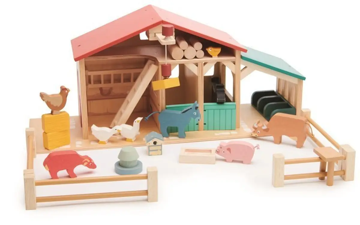 Drewniana farma z budynkami i zwierzątkami dla dzieci. Tender Leaf Toys Drewniane figurki do zabawy farma z zwierzątkami