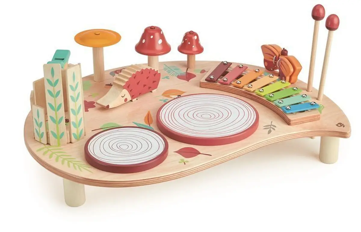 Drewniany stolik muzyczny z różnymi instrumentami dla dzieci z kolorowymi elementami i naturalnym wykończeniem. Tender Leaf Toys Drewniany stolik muzyczny