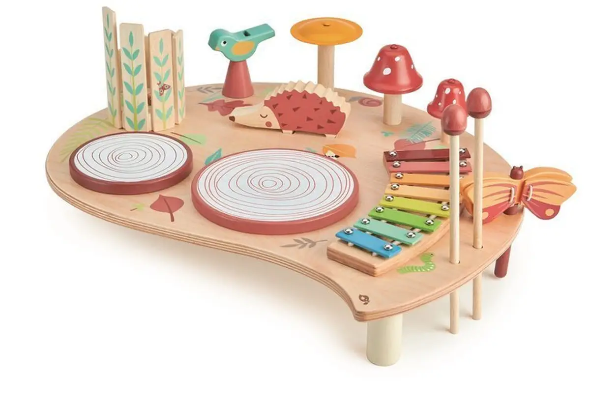Drewniany stolik muzyczny z kolorowymi instrumentami dla dzieci z motywem jeża i grzybów. Tender Leaf Toys Drewniany stolik muzyczny