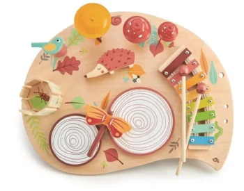 Drewniany stolik muzyczny z kolorowymi instrumentami dla dzieci z motywem zwierząt i liści. Tender Leaf Toys Drewniany stolik muzyczny