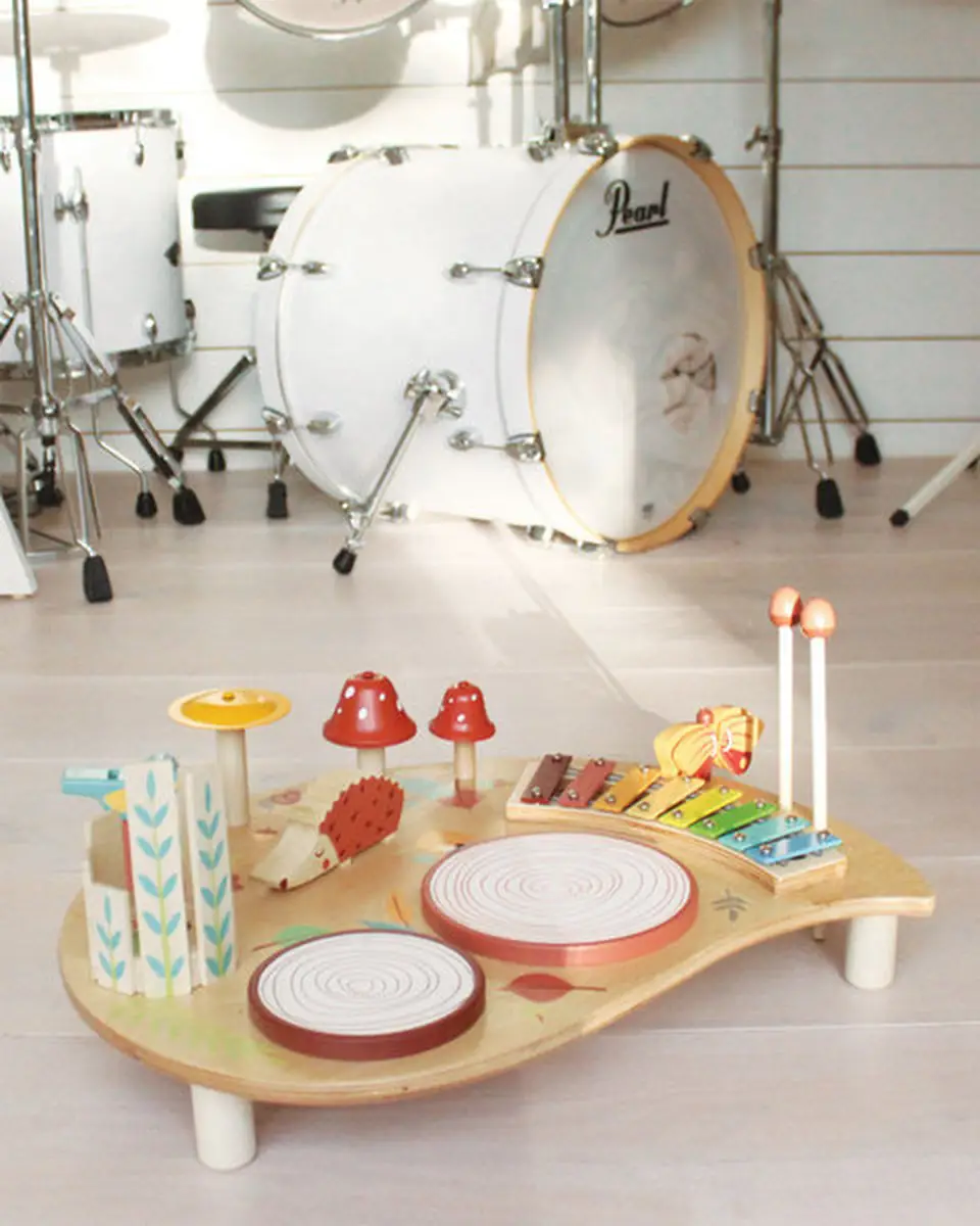 Drewniany stolik muzyczny z kolorowymi instrumentami dla dziecka. Tender Leaf Toys Drewniany stolik muzyczny