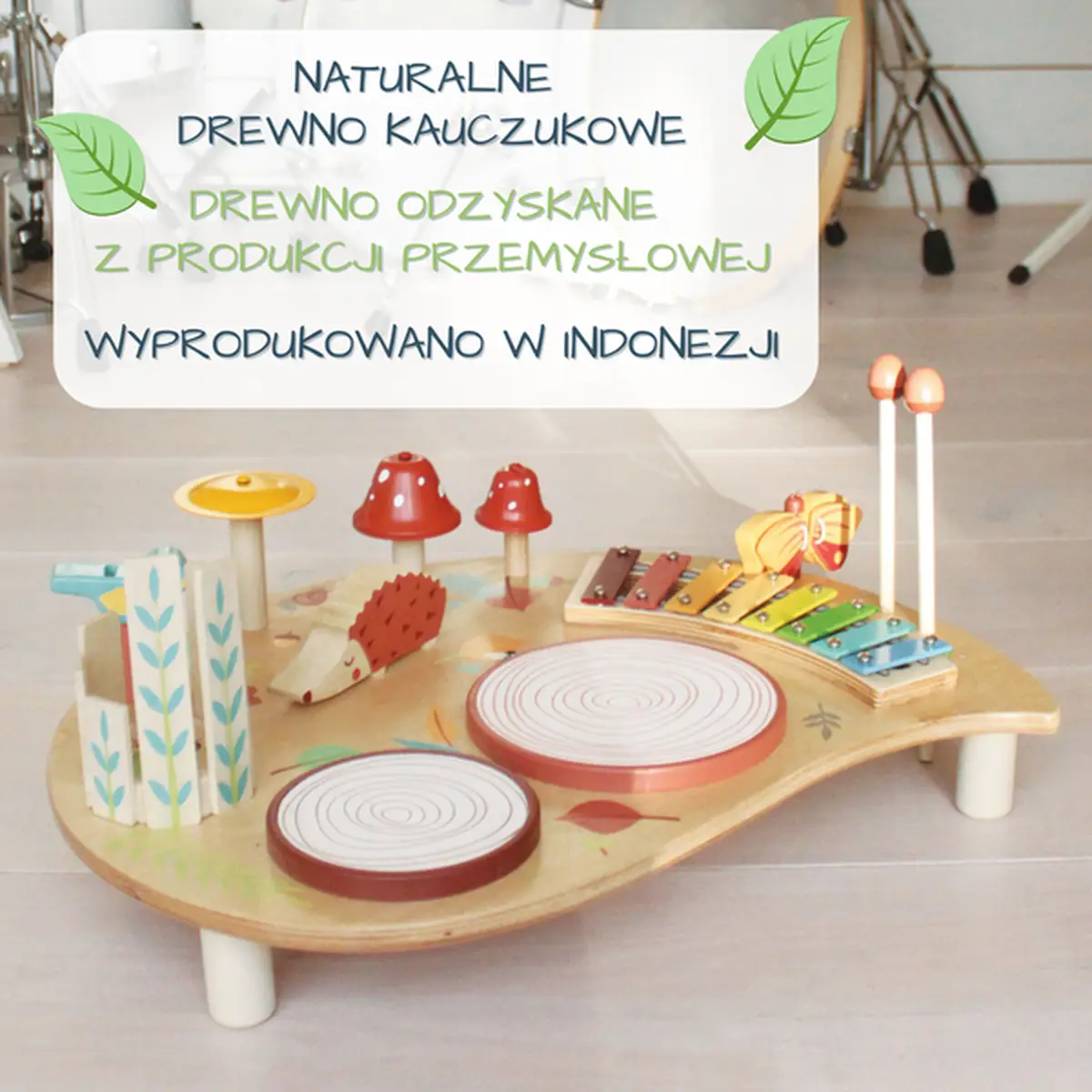 Drewniany stolik muzyczny z różnymi instrumentami dla dzieci naturalne drewno kauczukowe. Tender Leaf Toys Drewniany stolik muzyczny