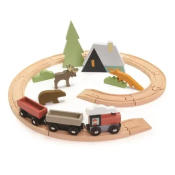 Drewniana kolejka z wagonikami tory zwierzęta domek i drzewo dla dziecka. Tender Leaf Toys Drewniana kolejka