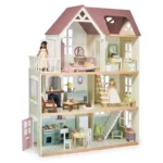 Drewniany domek dla lalek z wyposażeniem trzy kondygnacje pastelowe kolory dla dzieci. Tender Leaf Toys Drewniany domek XXL z wyposażeniem Mulberry Mansion