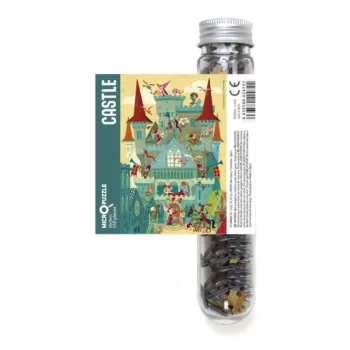 Puzzle kieszonkowe z ilustracją zamku w kolorach zielonym i czerwonym w przezroczystej menzurce dla dzieci. Londji Puzzle mikro menzurka Castle Zamek