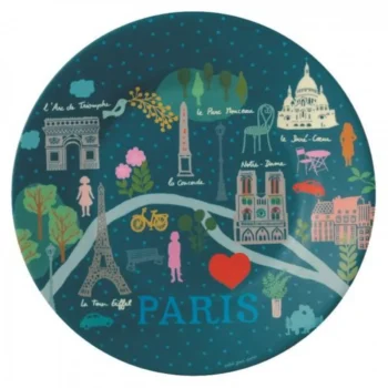 Okrągły talerz deserowy z motywem Paryża w kolorze granatowym z kolorowymi ilustracjami zabytków i napisami. Petit Jour Paris Talerz deserowy fi 20cm Paryż Emilii
