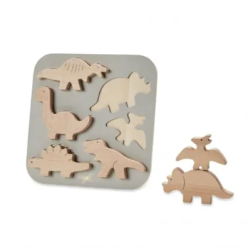 Drewniane puzzle z motywem dinozaurów w naturalnym kolorze dla dzieci. byAstrup Puzzle drewniane Dino