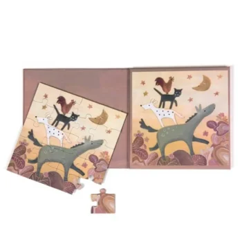 Puzzle magnetyczne z ilustracją zwierząt z bajki Muzykanci z Bremy w ciepłych kolorach dla dzieci. Egmont Toys Puzzle magnetyczne Muzykanci z Bremy
