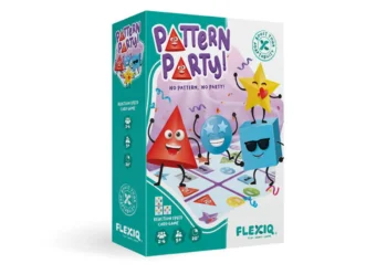 Gra karciana Pattern Party z kolorowymi postaciami geometrycznymi na pudełku. FLEXIQ Pattern Party! gra karciana