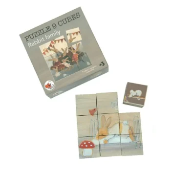 Drewniane puzzle sześciany z obrazkiem rodziny króliczków dla dzieci. Egmont Toys Puzzle układanka sześciany Rodzina Króliczków