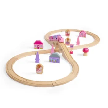 Drewniana kolejka tor w kształcie ósemki z różowym pociągiem i elementami wróżek dla dzieci. Bigjigs Toys Drewniana Kolejka Ósemka Wróżki