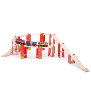 Drewniany zestaw torów rollercoaster dla dzieci z wagonikami czerwono czarny. Bigjigs Toys Drewniany Rollercoaster zestaw torów