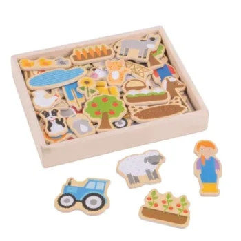 Drewniane puzzle magnetyczne farma z postaciami zwierząt rolnika i pojazdu dla dzieci. Bigjigs Toys Drewniana układanka magnetyczna Farma