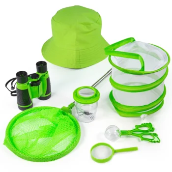 Zestaw małego odkrywcy dla dziecka zielony kapelusz lornetka siatka lupa pojemnik na owady nożyczki i pułapka na owady z siatki. Bigjigs Toys Zestaw Małego Odkrywcy