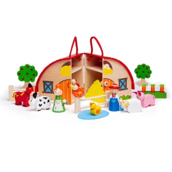 Drewniany zestaw mini farma z figurkami zwierząt i postaci dla dzieci. Bigjigs Toys Drewniany zestaw przenośna mini farma
