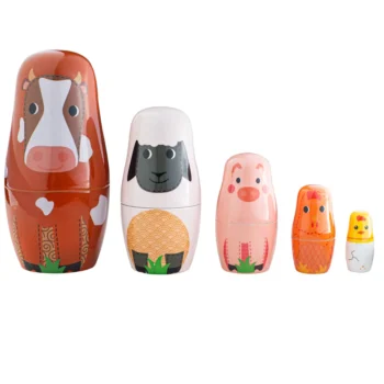 Drewniana układanka matrioszka zwierzątka z farmy krowa owca świnka kura kurczak dla dziecka. Bigjigs Toys Drewniana układanka matrioszka Zwierzątka z farmy