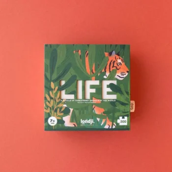 Pudełko puzzli z ilustracją tygrysa i zielonym tłem dla dzieci powyżej 7 lat z motywem zagrożonych gatunków zwierząt. Londji Puzzle Life zagrożone gatunki zwierząt