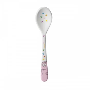 Łyżka dziecięca plastikowa biała z kolorowymi kropkami i różową postacią dla dziecka. Petit Jour Paris Łyżka Barbapapa 14cm