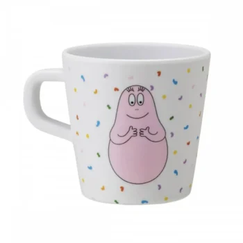 Biały ceramiczny kubek z uchem z różową postacią Barbapapa i kolorowymi kropkami dla dzieci. Petit Jour Paris Kubek z uchem Barbapapa