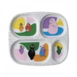 Talerz z przegródkami dla dzieci z kolorowymi postaciami Barbapapa na białym tle z kolorowymi kropkami. Petit Jour Paris Talerz z przegródkami dla dzieci Barbapapa