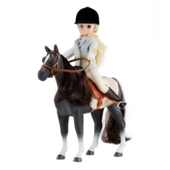 Lalka dziewczynka na czarno-białym koniu z siodłem i czarnym kaskiem dla dzieci. Bigjigs Toys Lottie Lalka Pony Pals
