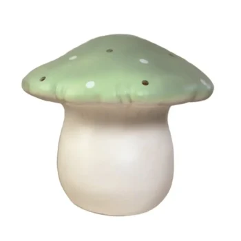 Lampka nocna LED w kształcie dużego grzybka z zielonym kapeluszem w białe kropki dla dzieci. Egmont Toys Lampka nocna LED Grzybek Duży Migdał