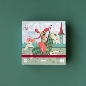 Puzzle kieszonkowe z ilustracją rycerza na koniu i zamkiem w tle dla dzieci. Londji Puzzle kieszonkowe z grą obserwacyjną Zamek