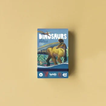 Pudełko z obrazkiem dinozaura na tle prehistorycznego krajobrazu puzzle kieszonkowe dla dzieci powyżej 5 lat. Londji Puzzle kieszonkowe z grą obserwacyjną Dinozaury