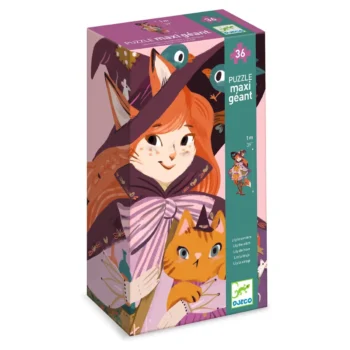 Puzzle kartonowe 36 elementów z ilustracją czarodziejki z rudymi włosami i pomarańczowym kotem dla dzieci. Djeco Puzzle kartonowe gigant CZARODZIEJKA LILY