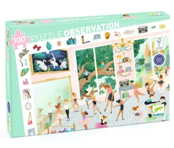 Puzzle 100 elementów z ilustracją szkoły baletowej z tańczącymi dziećmi i drzewem w tle dla dzieci. Djeco Puzzle obserwacja SZKOŁA BALETOWA 100 elem